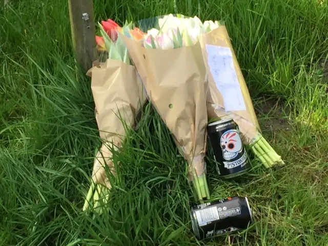 
          Three bunches of tulips, and some cans, laid on a grass verge
        