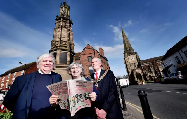 
          Researchers Gillian and Alan Talbot alongside the mayor of Uttoxeter, Councillor Alan Noyes
        