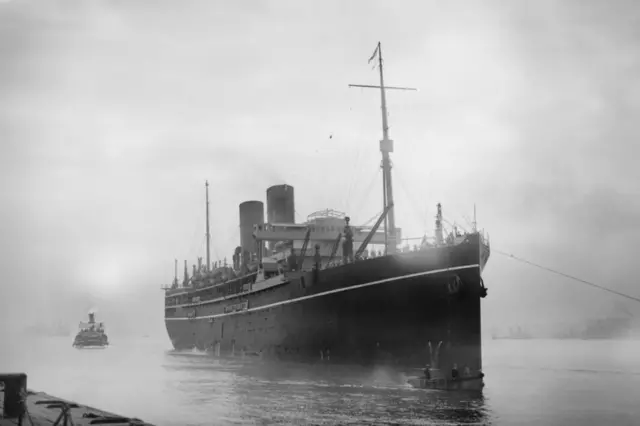 
          The P&O liner 'SS Rawalpindi' at Tilbury docks in EssexApril 1933
        