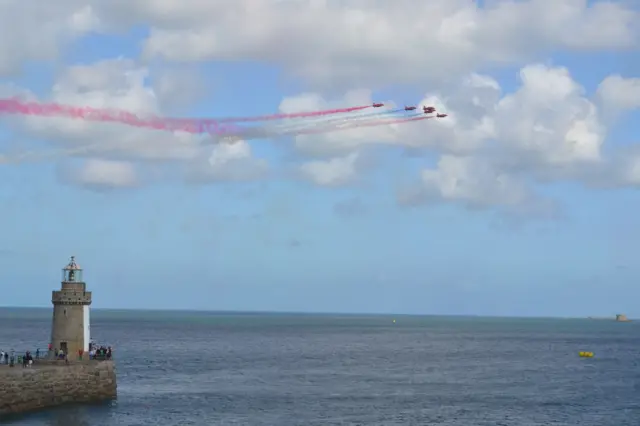 Red Arrows performing over St Peter Port, Guernsey