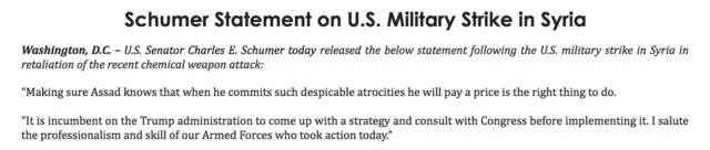 
          Screenshot of Chuck Schumer statement on US military strike in Syria
        