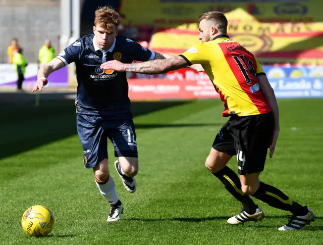 
          Motherwell's Chris Cadden takes on Partick Thistle's Christie Elliot
        