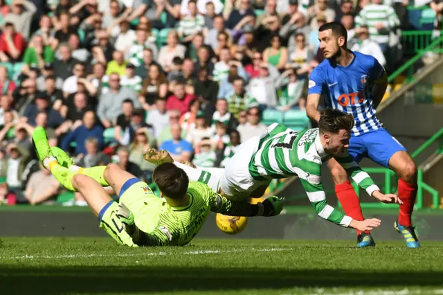 
          Kilmarnock's Freddie Woodman comes charging out to challenge Celtic's Patrick Roberts
        