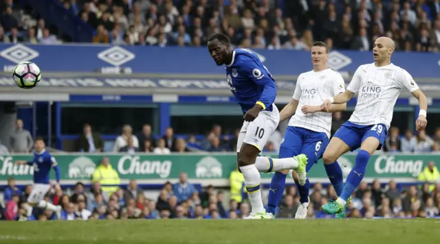 Romelu Lukaku scores a header