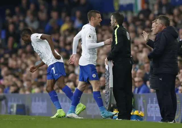 Ahmed Musa comes on as a substitute to replace Jamie Vardy