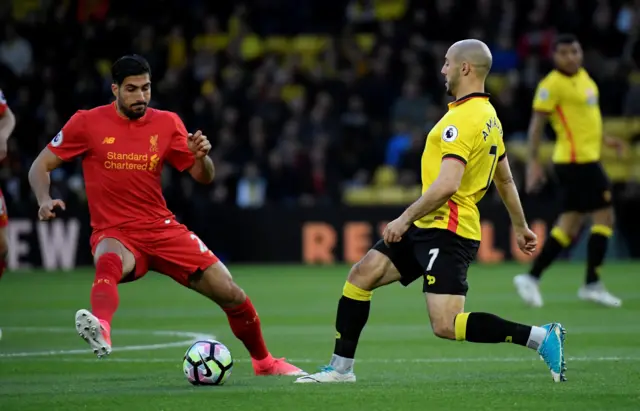 Watford"s Nordin Amrabat in action with Liverpool"s Emre Can