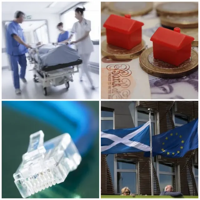 Hospital, monopoly houses on coins, Ethernet cable and saltire and EU flags