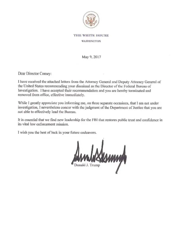 Donald Trump's letter to James Comey - 9 May 2017