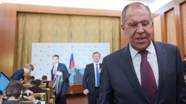 Russia's Foreign Minister Sergei Lavrov leaves a press conference at the Embassy of Russia in Washington, DC on May 10, 2017.