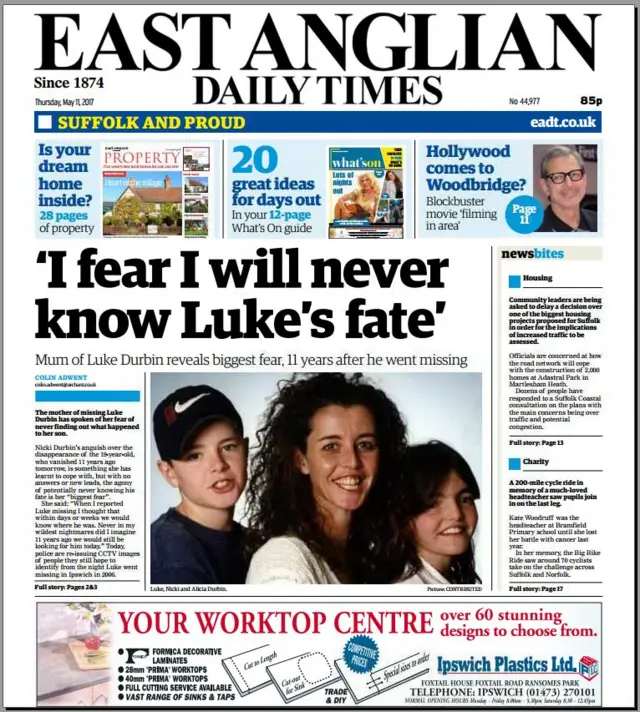 Front page of east edition of EADT