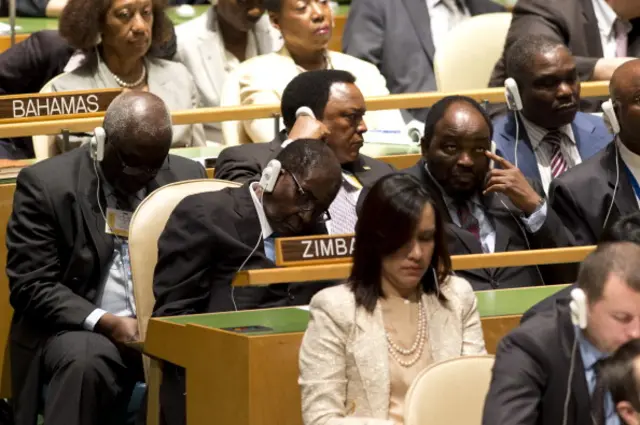 Zimbabwe's President Robert Mugabe appears to be sleeping on the floor of the 67th United Nations General Assembly meeting September 25, 2012 at the United Nations in New York