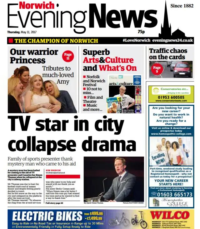 Front page of Norwich Evening News