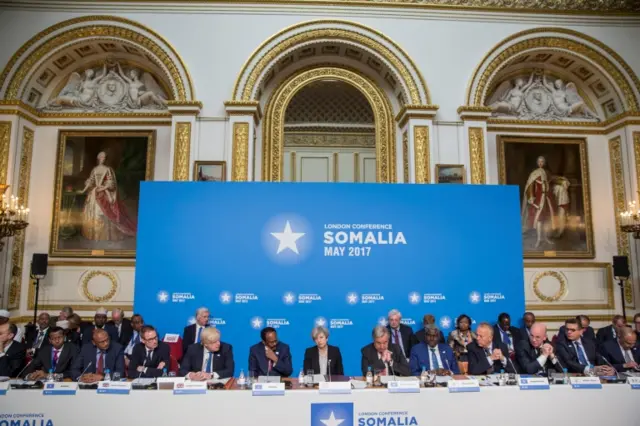 ritain"s Prime Minister Theresa May chairs the London Somalia Conference at Lancaster House, May 11, 2017.