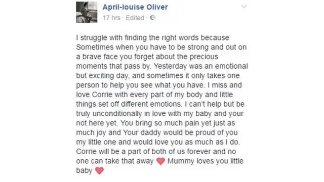 April Oliver's message on Facebook