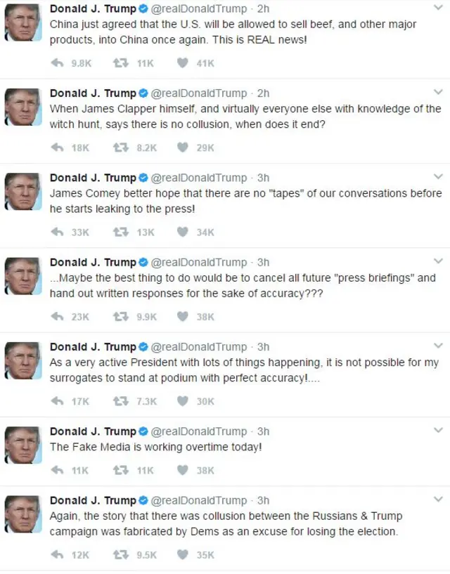 A screengrab of Donald Trump's tweets from 12 May 2017