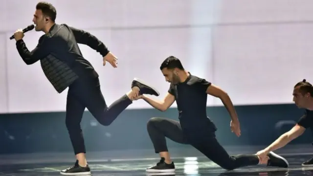 Hovig and dancers rehearsing for the Eurovision final