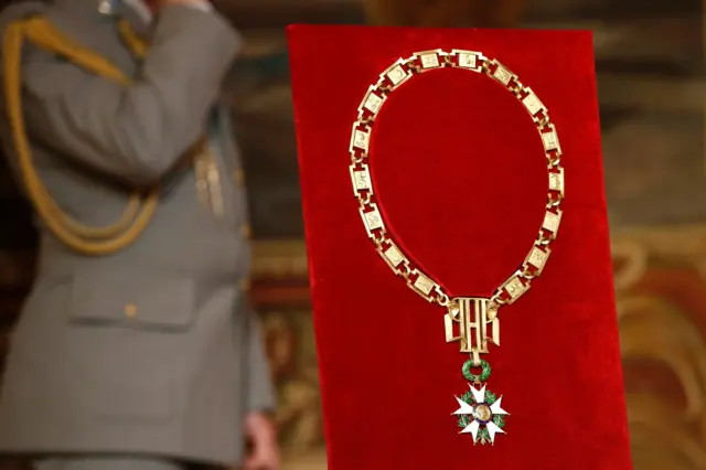 The Grand Collier in the Legion of Honor is pictured before the takeover ceremony between outgoing President Francois Hollande and President-elect Emmanuel Macron, at the Elysee Palace in Paris, France, May 14, 2017.