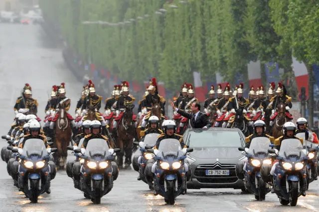 French President Francois Hollande arrives to attend a ceremony to pay respect to the Unknown soldier at Arc de Triomphe on May 15, 2012 in Paris, France.