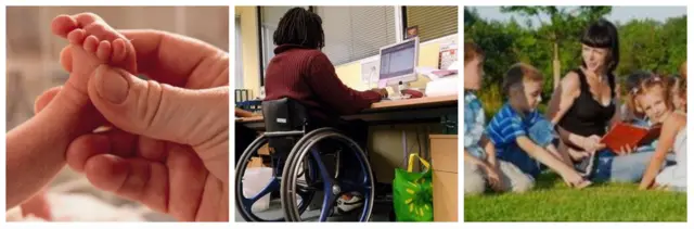 Man holding baby's foot, wheelchair user working and children learning outside