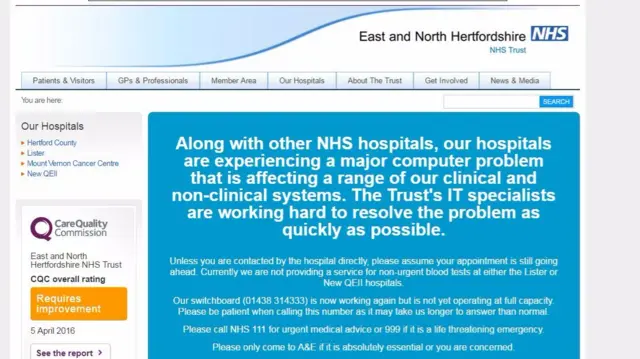 Screenshot of the East and North Hertfordshire NHS website.