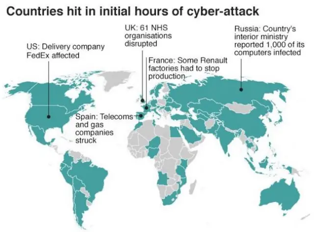 Map showing countries affected in the first few hours of the global cyber attack