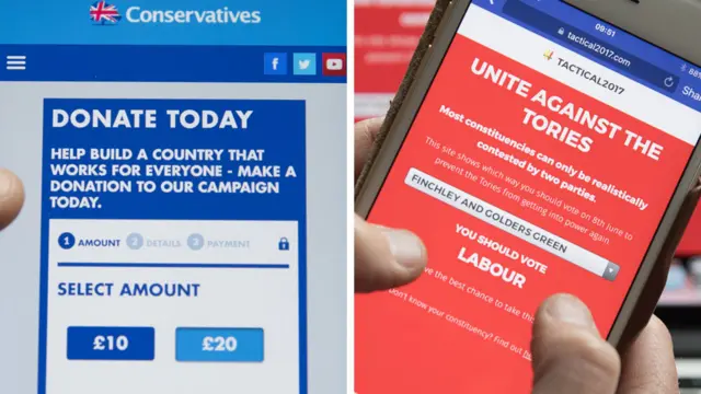 A composite image showing an ad for the Conservatives and urging tactical voting for Labour