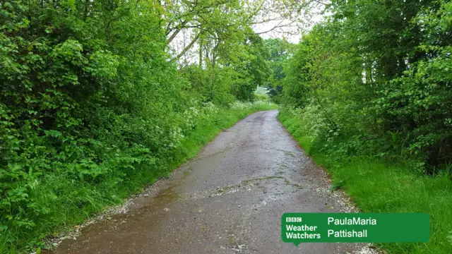 Rain on a country track in Pattishall.