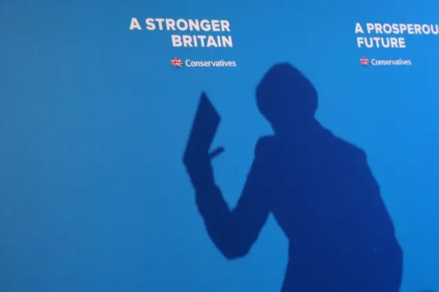 Silhouette of Theresa May at the Conservative Party manifesto launch, May 2017