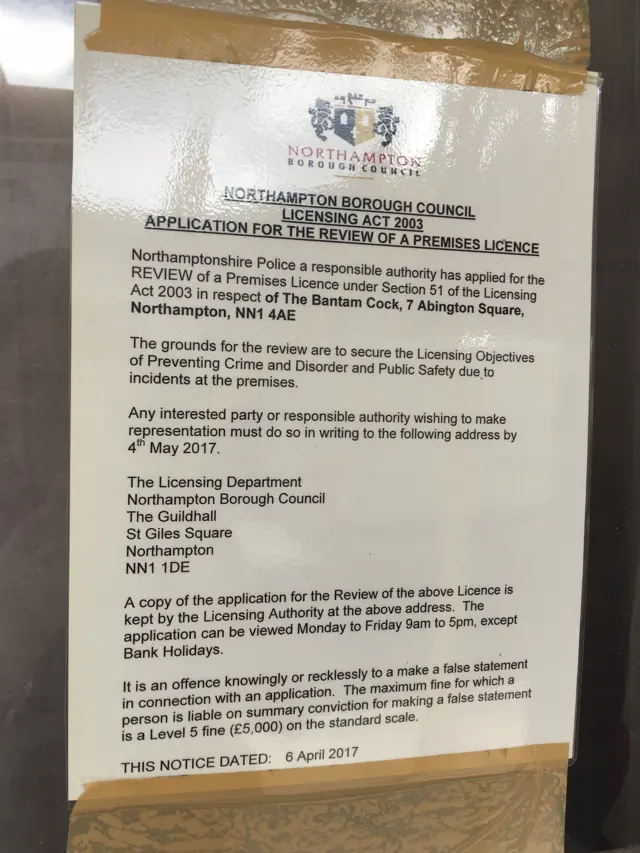 Application for the review of a premises licence at Bantam Pub Northampton