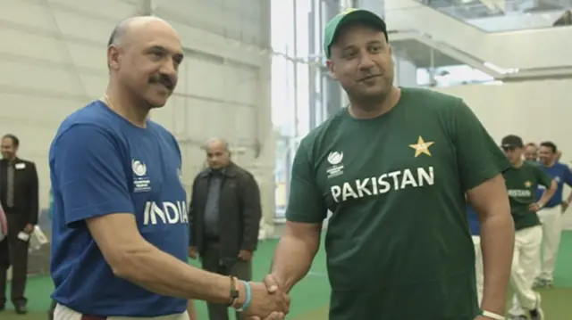 India v Pakistan cricket teams shake hands