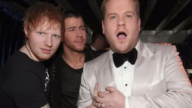 Ed Sheeran,  Nick Jonas and James Corden