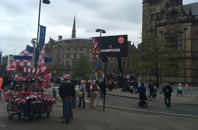 Crowds gathering in Sheffield for Sheffield United's parade.