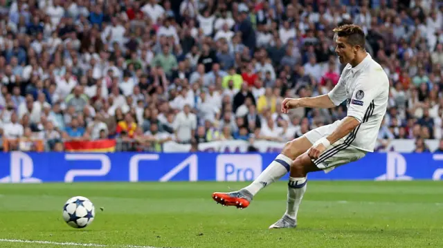 Cristiano Ronaldo of Real Madrid scores