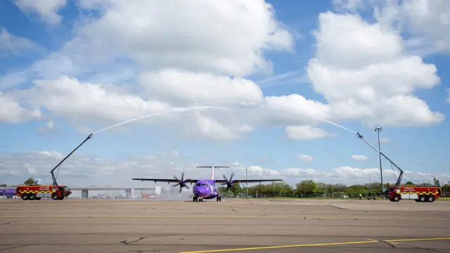Water cannon salute for Blue Islands plane