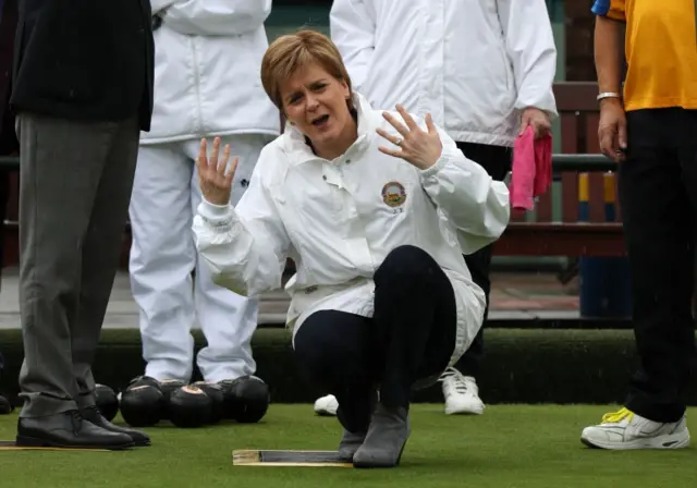 Nicola Sturgeon at Liberton bowling club in Edinburgh