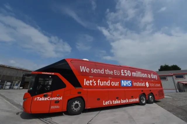 The "Vote Leave" battle-bus from the official "Leave" campaign