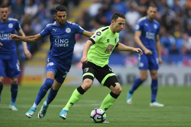 Riyad Mahrez tries to push past Marc Pugh