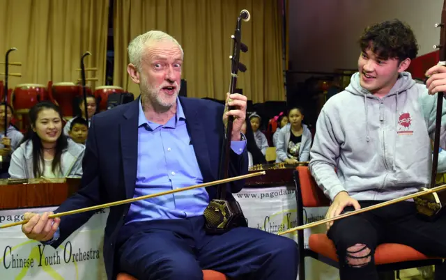 Jeremy Corbyn with a man, both holding a Chinese violin