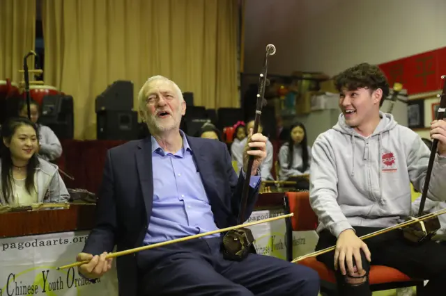 Jeremy Corbyn with a man, both holding a Chinese violin