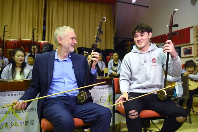 Jeremy Corbyn with a man, both holding a Chinese violin - or Erhu