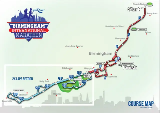 Birmingham International Marathon map 2017