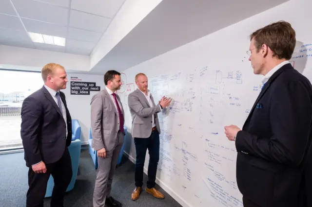 Men in suits looking at a whiteboard of ideas