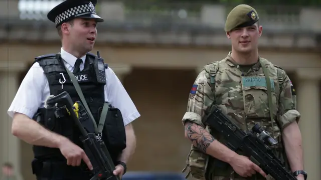 Armed police officer and soldier