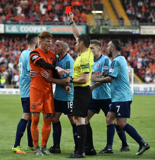 United's Simon Murray is sent off