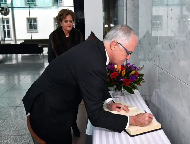 The Australian Prime Minister Malcolm Turnbull signed the condolence book at the memorial service