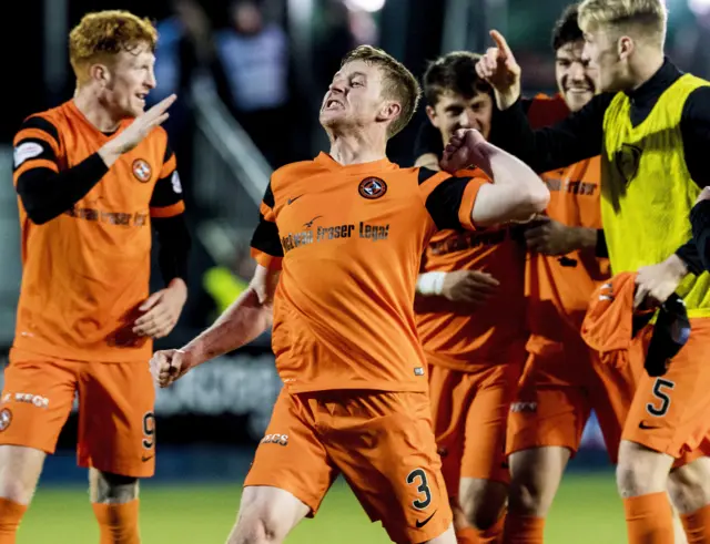 Dundee United scorers Simon Murray and Paul Dixon celebrate against Falkirk