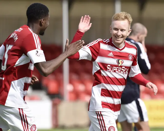 Accies' Rakish Bingham and Ali Crawford celebrate against Dundee