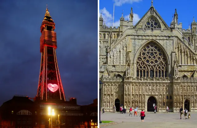 Blackpool Tower and Exeter Cathedral