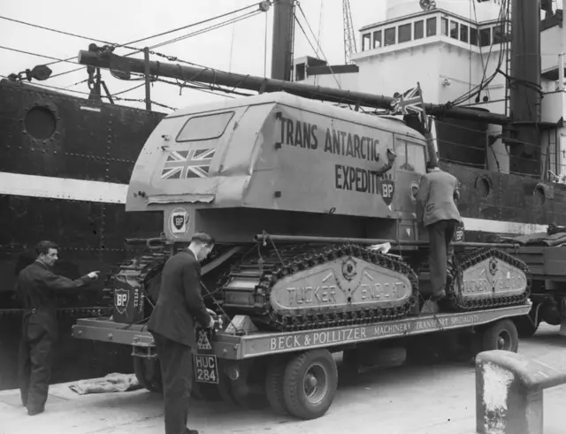 One of the snowcats used by Dr Fuch's and his Commonwealth explorers on their journey across the Antarctic continent, arrives at the port of Tilbury in 1958