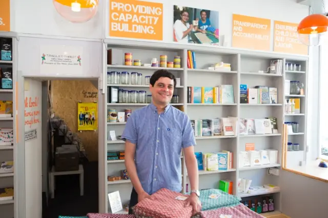 Andrew Williams, proprietor of Eighteen Rabbit, stands in his shop in Hay-on-Wye